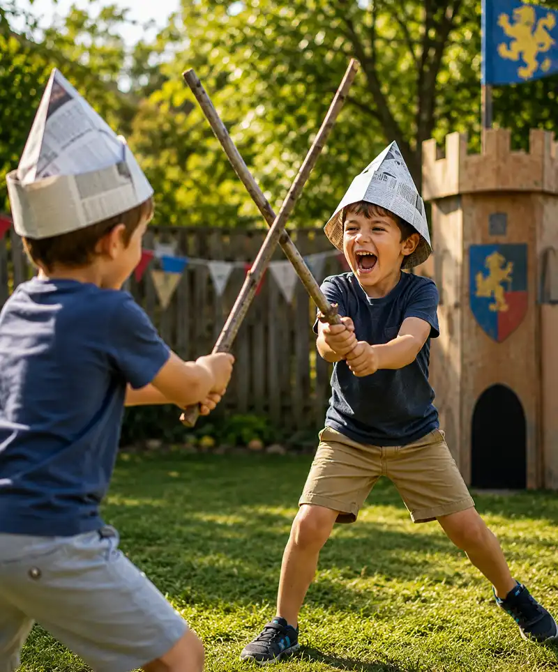 Two children wearing handmade paper knight helmets happily duel with stick "swords" in their backyard, using their imaginations to turn an ordinary afternoon into a medieval adventure.