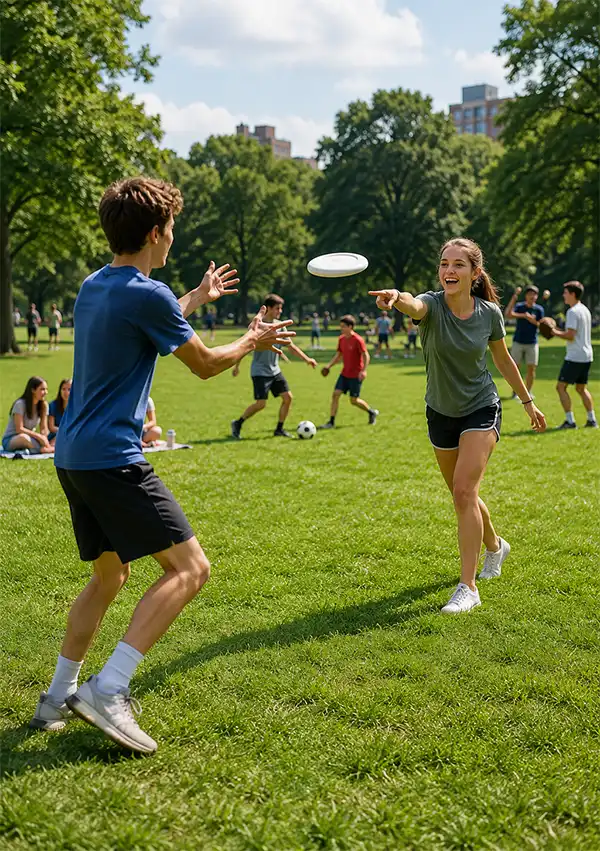 Two teenagers enjoy a game of Frisbee in a sunny park while families and friends in the background play baseball, soccer, and other outdoor games, celebrating the fun of spending time outside together.