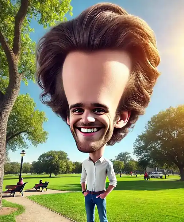 Cartoon image of a dude with a huge forhead in the park