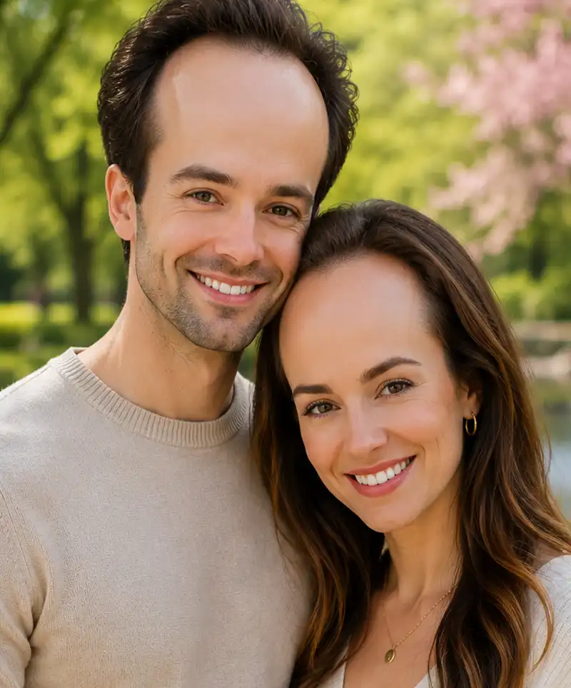 A couple with overly sized foreheads posing in the park