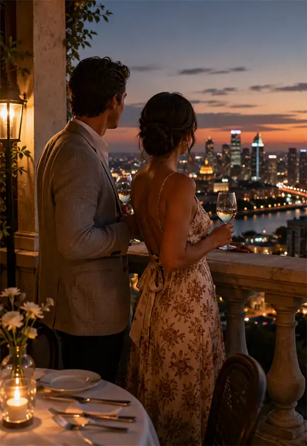 Couple enjoys a quiet moment on a restaurant balcony, admiring the illuminated city skyline while savoring glasses of chilled white wine before dessert.