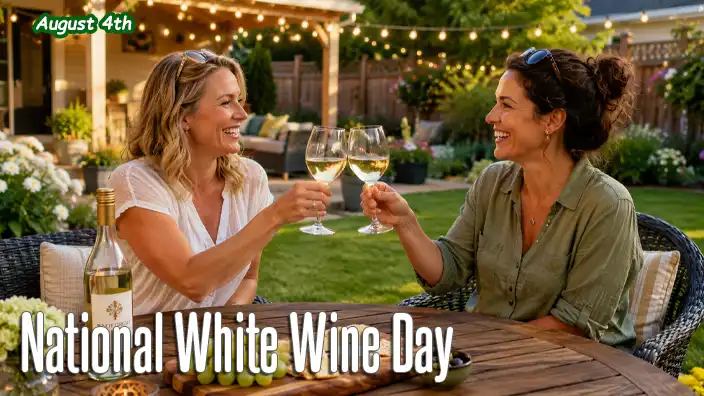 Two friends relax in a beautifully landscaped backyard, enjoying chilled glasses of white wine while sharing conversation around an inviting outdoor table.