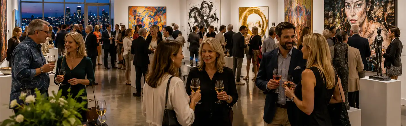 Guests mingle at a lively art gallery reception, admiring colorful artwork while enjoying glasses of chilled white wine in a relaxed and elegant atmosphere.