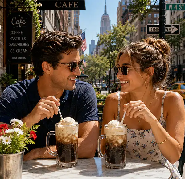 Couple enjoys root beer floats at a sidewalk café in New York City, sharing smiles and conversation while surrounded by bustling streets, sunshine, and iconic city skyline views.