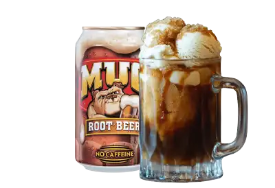 A glass mug containing a Root Beer Float stands in front of a Can of "MUG" Root Beer on a transparent background