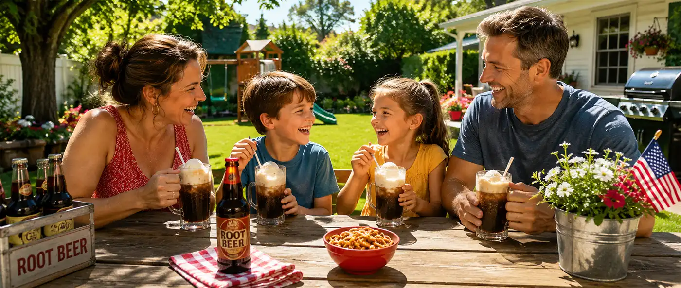 Family enjoys root beer floats around a picnic table in a sunny backyard, sharing laughter and conversation on a beautiful summer afternoon surrounded by green grass and colorful flowers.