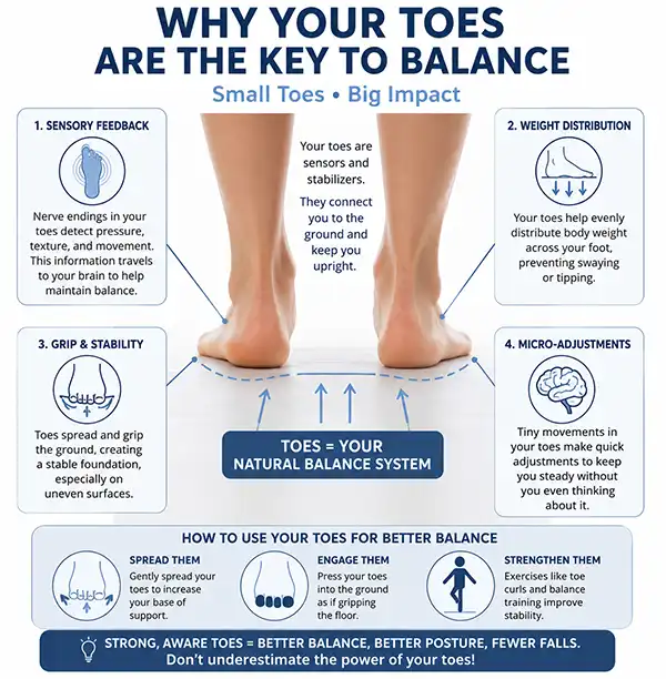 Educational diagram illustrating how the toes help maintain balance while standing, showing weight distribution, sensory feedback, stability, and the important role toes play in keeping the body upright.