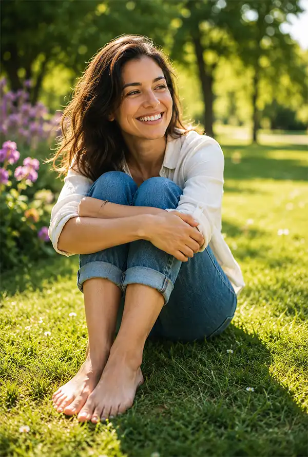 A happy barefoot woman sits on soft green grass hugging her knees, smiling as she relaxes in the warm sunshine and enjoys a peaceful moment outdoors in a beautiful park.