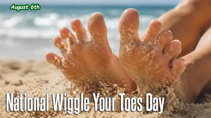 Close-up of toes playfully wiggling through soft sand on a beautiful beach, with gentle waves in the background creating a peaceful summer scene.