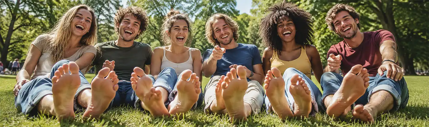 A cheerful group of friends sits barefoot on soft grass in a sunny park, laughing as they playfully wiggle their toes toward the camera, with tall green trees and open sky creating a relaxed outdoor setting.