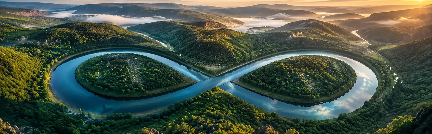 An ultra-wide aerial view of a winding river forming a natural infinity symbol through a lush green valley. Forested hills, rocky overlooks, and golden sunrise light create a breathtaking landscape that symbolizes endless possibility and the beauty of nature.