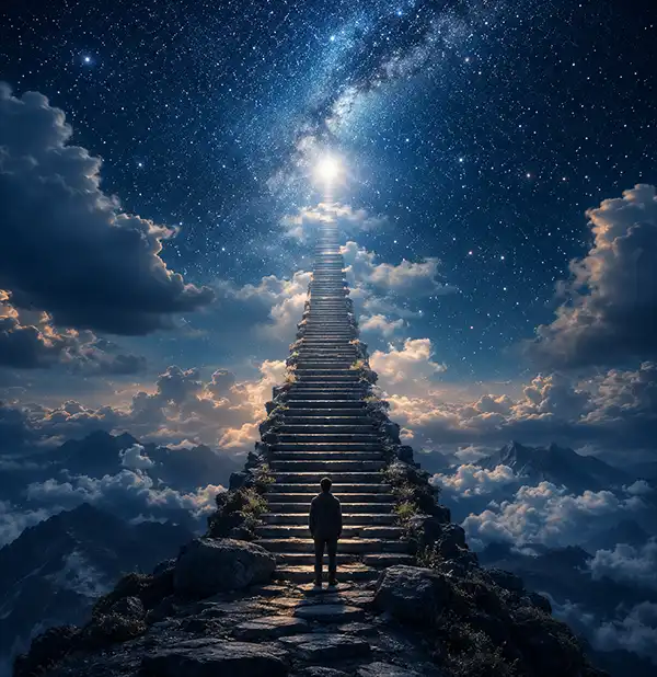 A lone figure stands at the base of a massive stone staircase that rises through the clouds and into a brilliant light among the stars. Surrounded by a vast cosmic sky and distant mountain peaks, the scene symbolizes infinity, exploration, and the endless pursuit of knowledge.