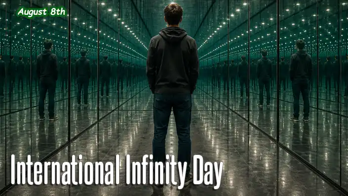 A person stands between two floor-to-ceiling mirrored walls, creating endless reflections that stretch into the distance. The repeating images and lights symbolize the concept of infinity and limitless possibility.