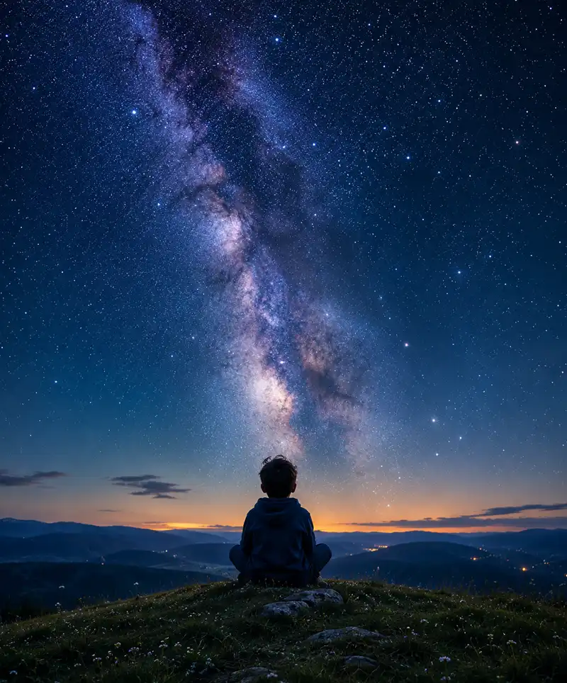 A child sits on a grassy hill beneath the Milky Way, gazing into a sky filled with countless stars. The vast night sky dominates the scene, symbolizing infinity, wonder, and humanity's endless curiosity about the universe.