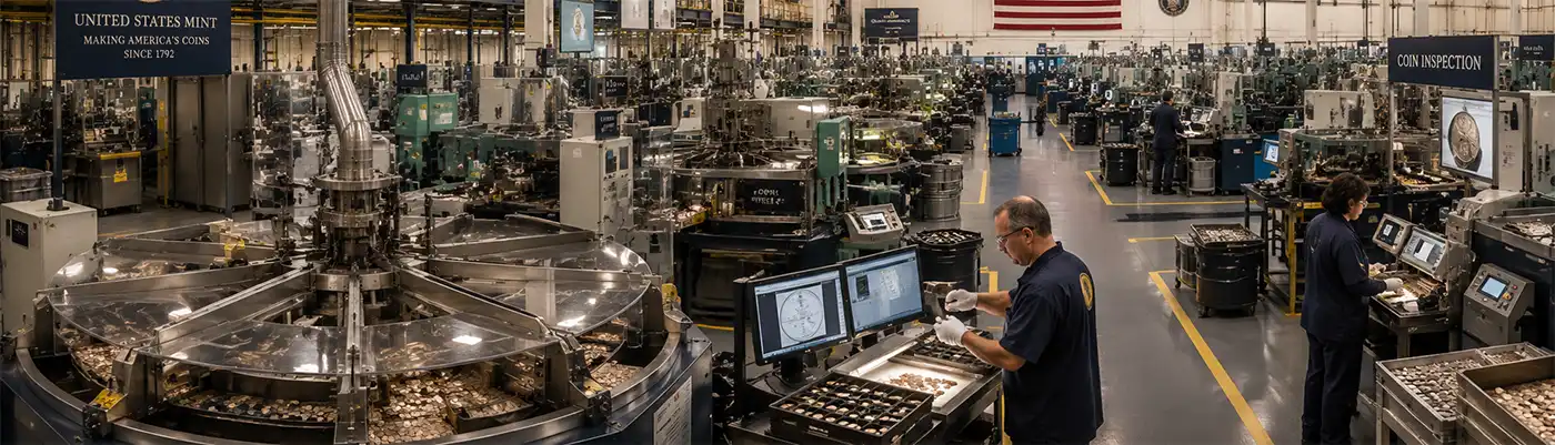 A Modern Mint Ultra-wide view of a modern United States Mint production floor with automated coin presses, quality inspection stations, and technicians overseeing the high-speed manufacturing of American coins.