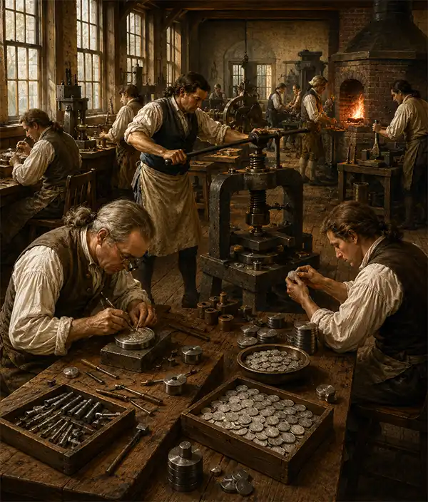 Hard At Work in the Original Mint Craftsmen work inside the early United States Mint in Philadelphia during the 1790s, operating hand-powered coin presses, engraving dies, inspecting freshly minted coins, and tending glowing furnaces in a busy historical workshop.