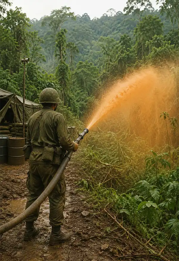 No protection, just a hose spraying agent orange to reduce cover near an American Encampment. A U.S. soldier stands beside an American military encampment in the Vietnam jungle, using a large hose to spray Agent Orange into the surrounding vegetation as part of defoliation operations during the Vietnam War.
