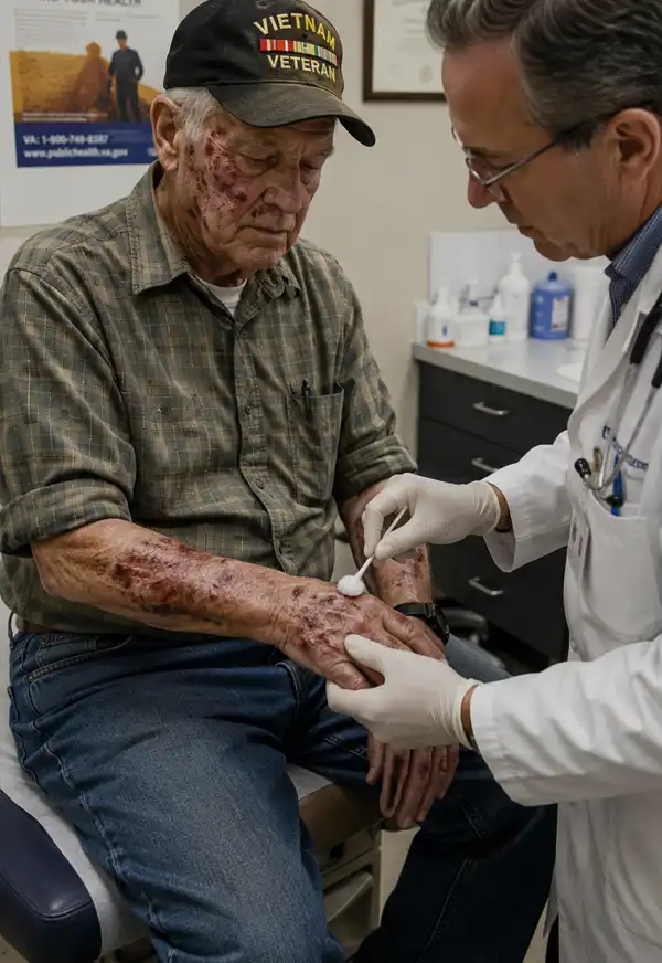 Medical Treatment for the effects of Agent Orange. An elderly Vietnam veteran receives medical treatment for sores on his face and hands during a doctor's appointment, illustrating the long-term health challenges associated with Agent Orange exposure.