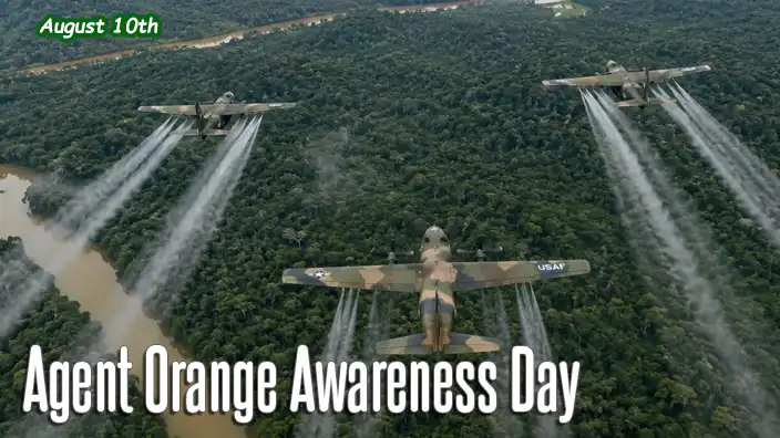 Three military aircraft fly in formation over the dense forests of Vietnam during Operation Ranch Hand, releasing herbicide in a wide aerial view that illustrates the scale of Agent Orange spraying.