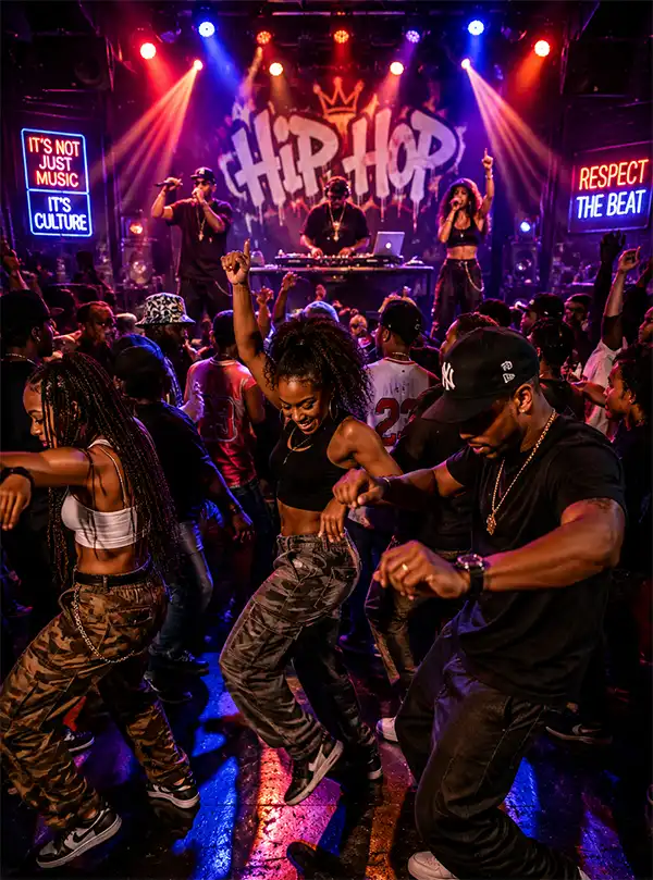 People dance to hip hop music in a lively nightclub while a DJ and singers perform on a brightly lit stage in the background.