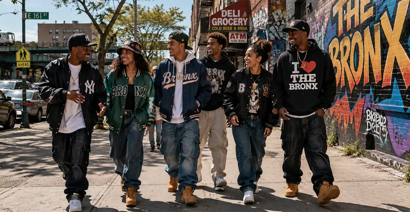 Happy group of hip hop fans walk together along a colorful Bronx sidewalk lined with murals, shops, and classic neighborhood scenery.