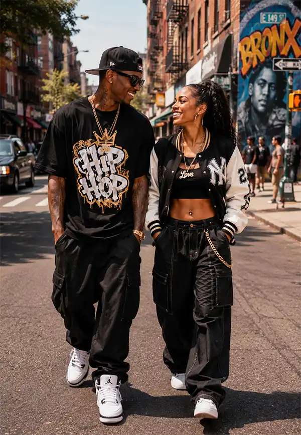 Happy hip hop couple in stylish streetwear walk together through a sunny Bronx neighborhood, smiling and enjoying each other's company.