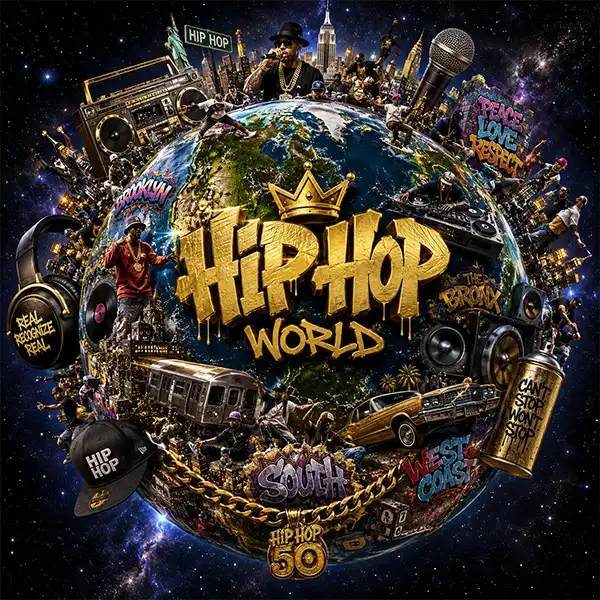 Planet Earth transformed into a colorful hip hop world filled with DJs, rappers, breakdancers, turntables, graffiti, speakers, and urban culture.