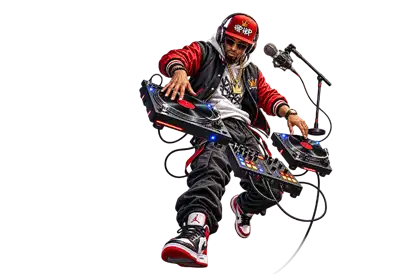 Hip hop DJ performs with floating turntables and a microphone, wearing headphones and colorful streetwear against a transparent background.