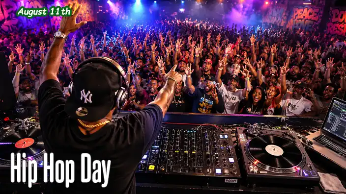 Hip hop DJ performs behind turntables for an energetic crowd dancing and cheering under colorful lights.