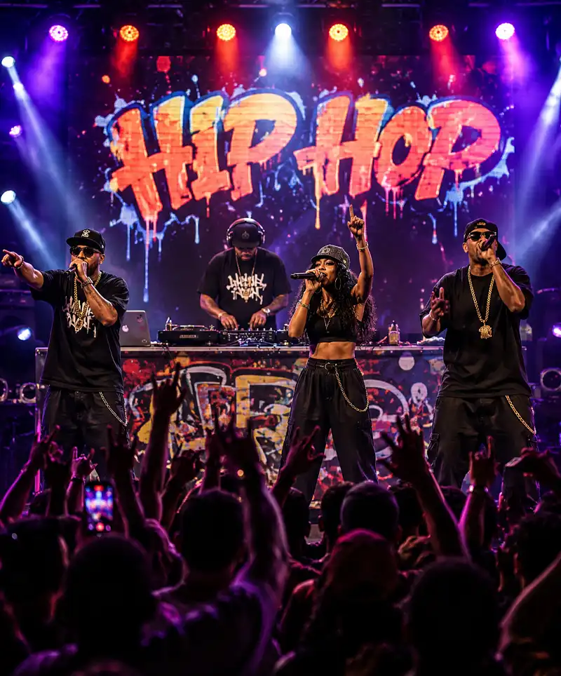 Hip hop DJ and singers perform on a brightly lit stage as an enthusiastic audience cheers and raises their hands.