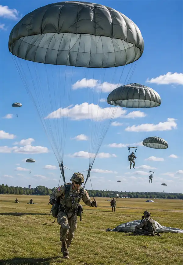 U.S. Army paratroopers descend under round parachutes during a daytime training exercise, with one soldier landing in the foreground as others float toward the drop zone across an open field.