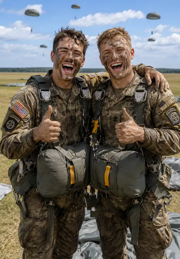 Two U.S. Army airborne trainees celebrate after completing their first parachute jump, smiling proudly in their gear as parachutes drift down behind them across the training drop zone.