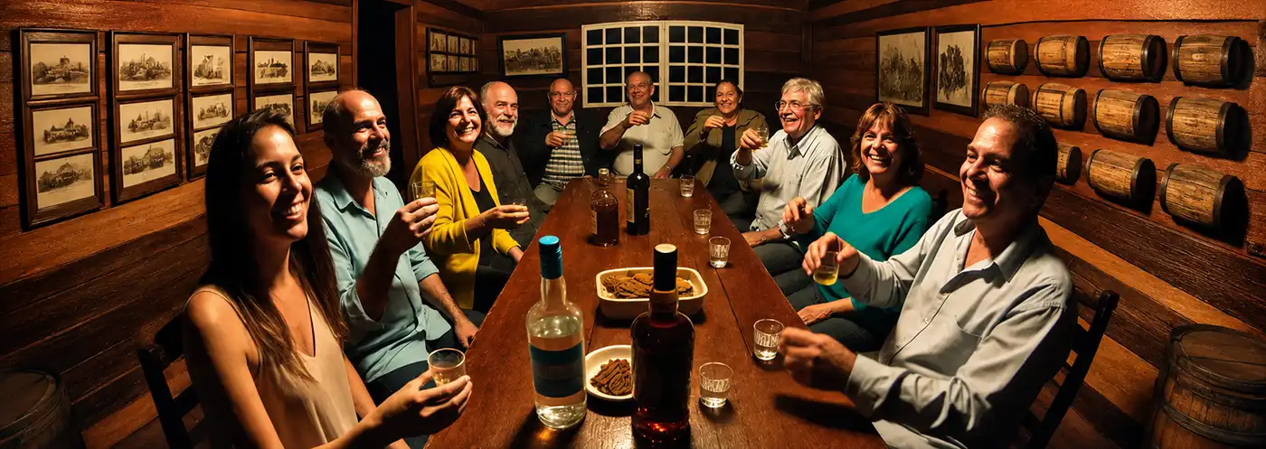 Friends enjoying Rum in a mockup of a Captain's Cabin on an old sailing ship.