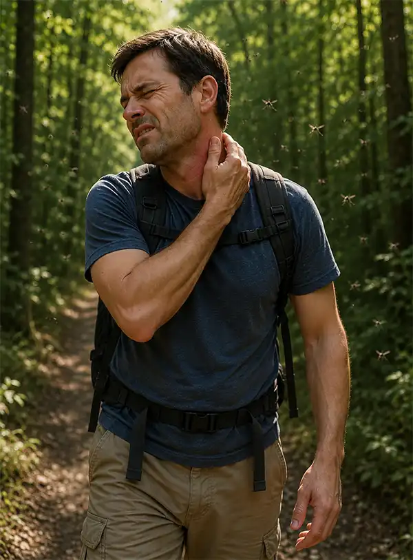 Hiker swats at his neck while walking along a wooded trail surrounded by mosquitoes on a warm summer day.