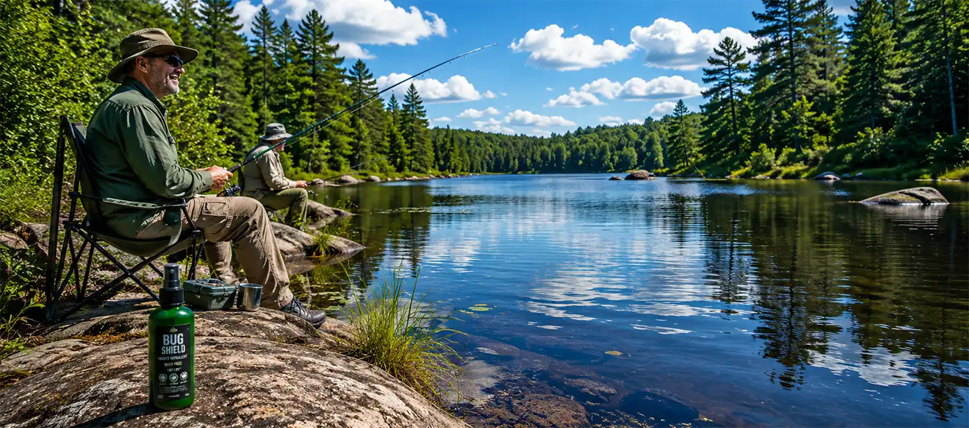 Talking some Bug Shield on a fishing trip is as important as remembering some hooks. Two fishermen enjoy a sunny day fishing from the bank of a peaceful lake with mosquito repellent resting on a rock nearby.