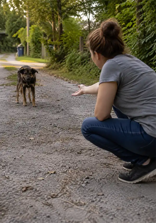 Trying to bring in a homeless dog. Woman crouches with her hand extended, patiently encouraging a wary stray dog to approach her on a quiet country road.