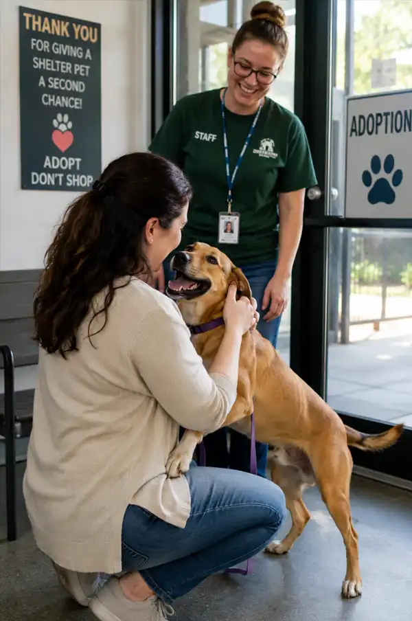 Happiness is a Dog Finding A New Permanent Home A delighted adopted dog greets her new owner at an animal shelter as a smiling staff member watches them begin their new life together.