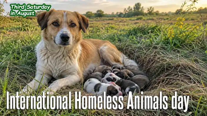 Mother dog rests beside her newborn puppies nestled together in a grassy hollow in an open field.