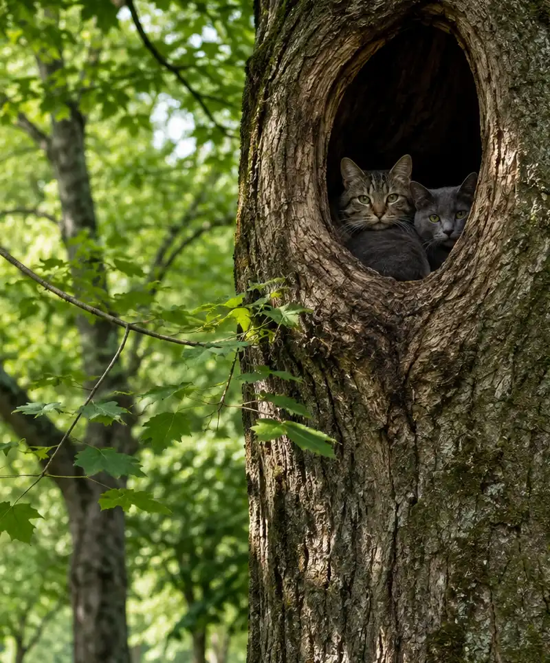 Two independent community cats rest quietly inside a high tree hollow, hidden among the foliage of a peaceful park.