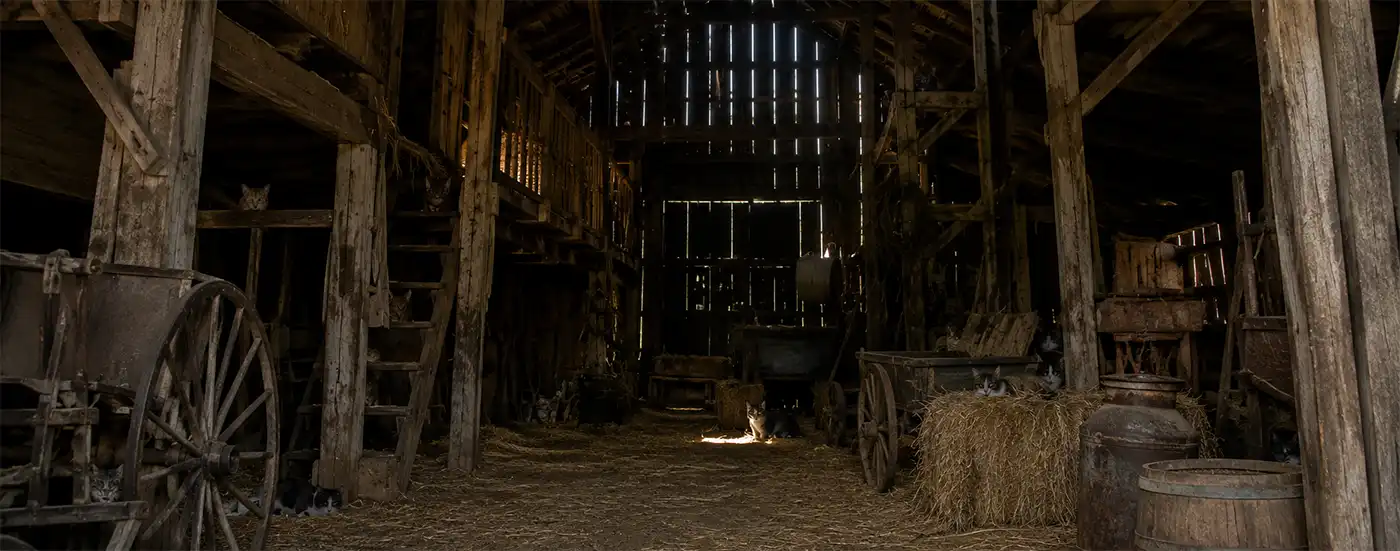 Several elusive community cats hide among hay bales, wooden beams, ladders and old farm equipment inside a dark rustic barn.