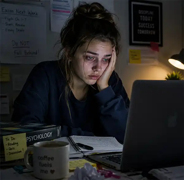 From time to time, taking a break from the computer is a healthy choice. Exhausted 19-year-old college student with bloodshot eyes studies late into the night at her laptop, surrounded by books and notes, illustrating the effects of prolonged screen time and digital fatigue.