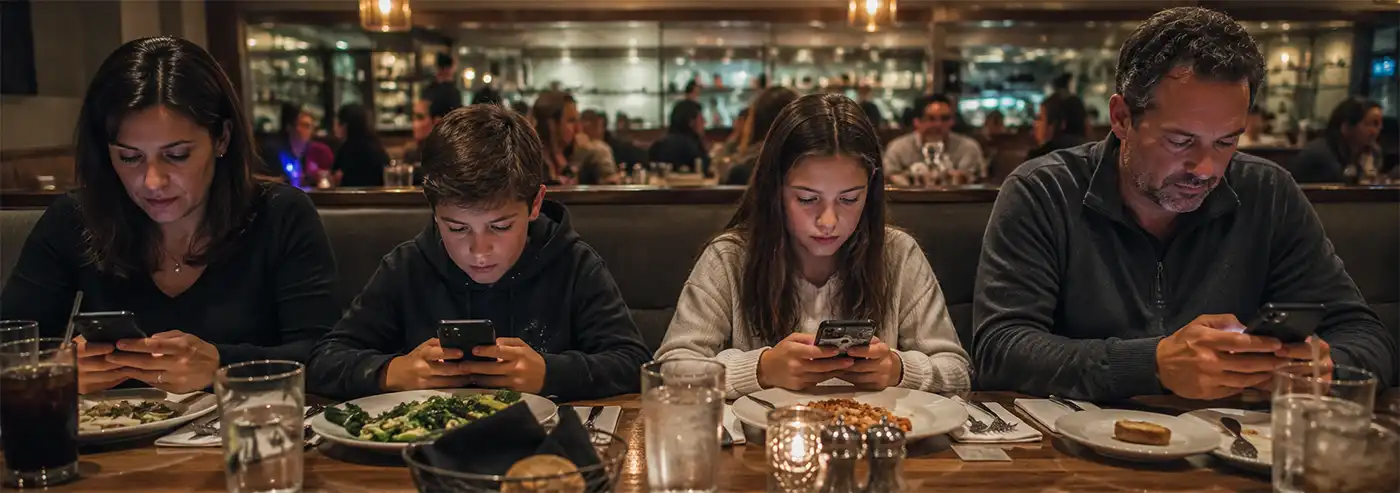 Dinner is a great time for real conversation. Family of four seated together at a restaurant, each absorbed in a smartphone instead of talking while dinner sits untouched on the table.