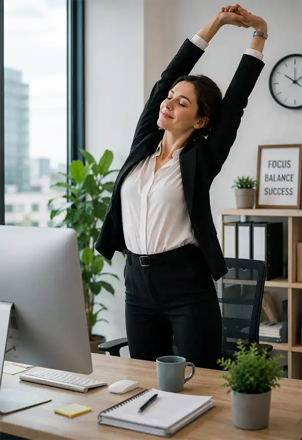 Stepping Away From The Computer is Actually Good For You Professional businesswoman steps away from her computer to stretch during the workday, promoting healthy screen breaks and good digital wellness habits in a bright modern office.
