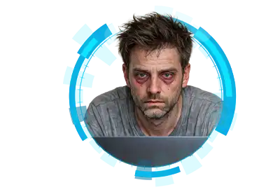 Internet Self-Care Day A fatigued computer user with bloodshot eyes, dark circles, and a worn expression peers over a laptop after spending far too many hours online. The head-and-shoulders portrait, isolated on a transparent background, illustrates the effects of digital burnout and excessive screen time.