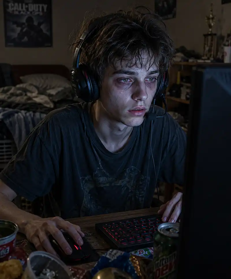 Gaunt, sleep-deprived teenage boy wearing a gaming headset stares at a computer screen after playing video games for hours, surrounded by snack wrappers and illuminated by the glow of his monitor.