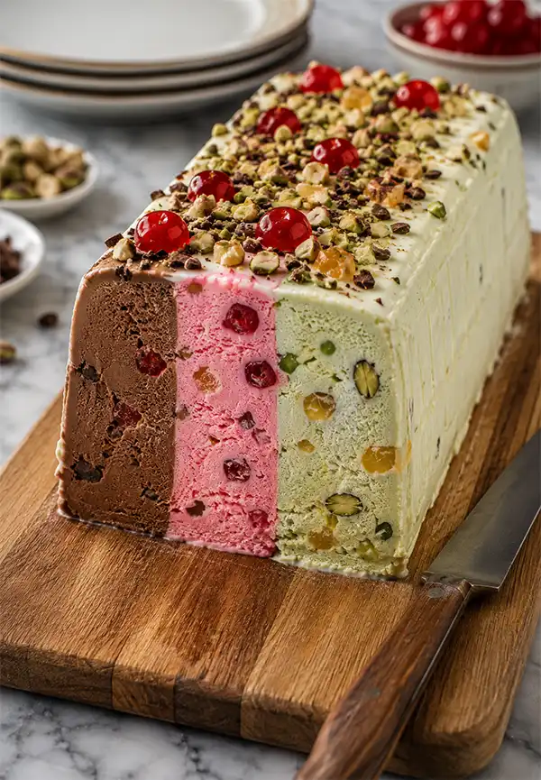 Traditional spumoni with chocolate, cherry and pistachio layers, candied fruit and chopped nuts on a cutting board, ready to be sliced and served.