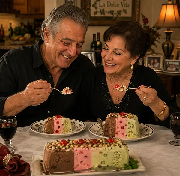 Italian couple smiling as they enjoy chocolate, cherry and pistachio spumoni together after dinner at home.