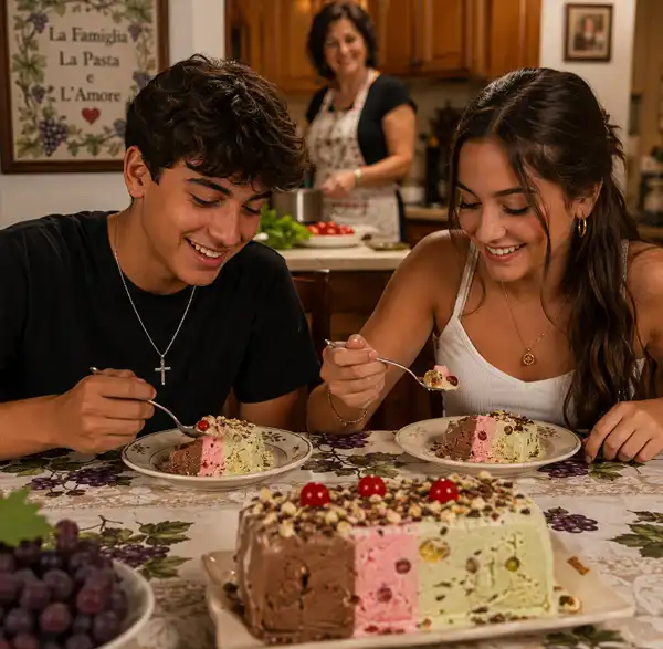 Two Italian teenagers enjoying chocolate, cherry and pistachio spumoni after dinner at home while their mother works in the kitchen behind them.