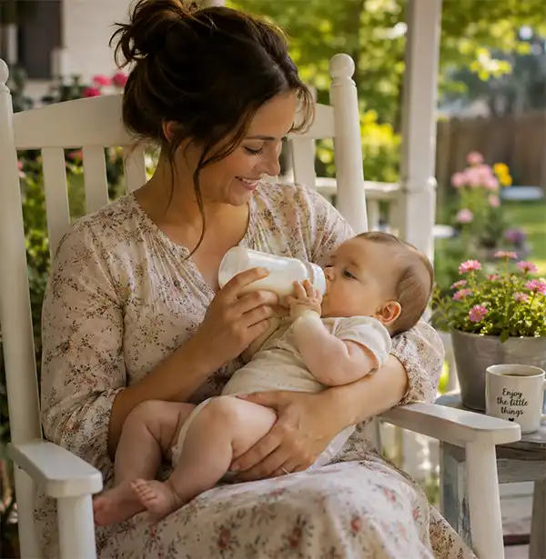 Mother and Baby A mother sits in a rocking chair on her backyard porch, lovingly feeding her baby a bottle while enjoying a peaceful afternoon surrounded by flowers and warm sunshine.