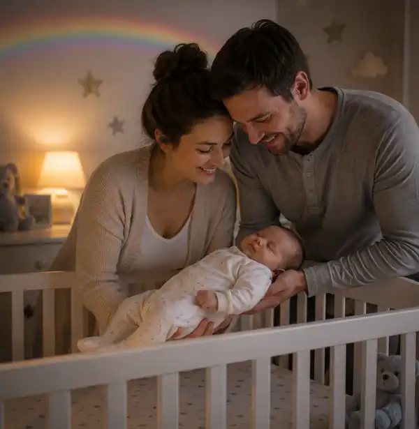 Bed Time for a Rainbow Baby A smiling mother and father gently place their sleeping rainbow baby into a crib for the night as a faint rainbow glows softly across the nursery, symbolizing hope, love, and new beginnings.